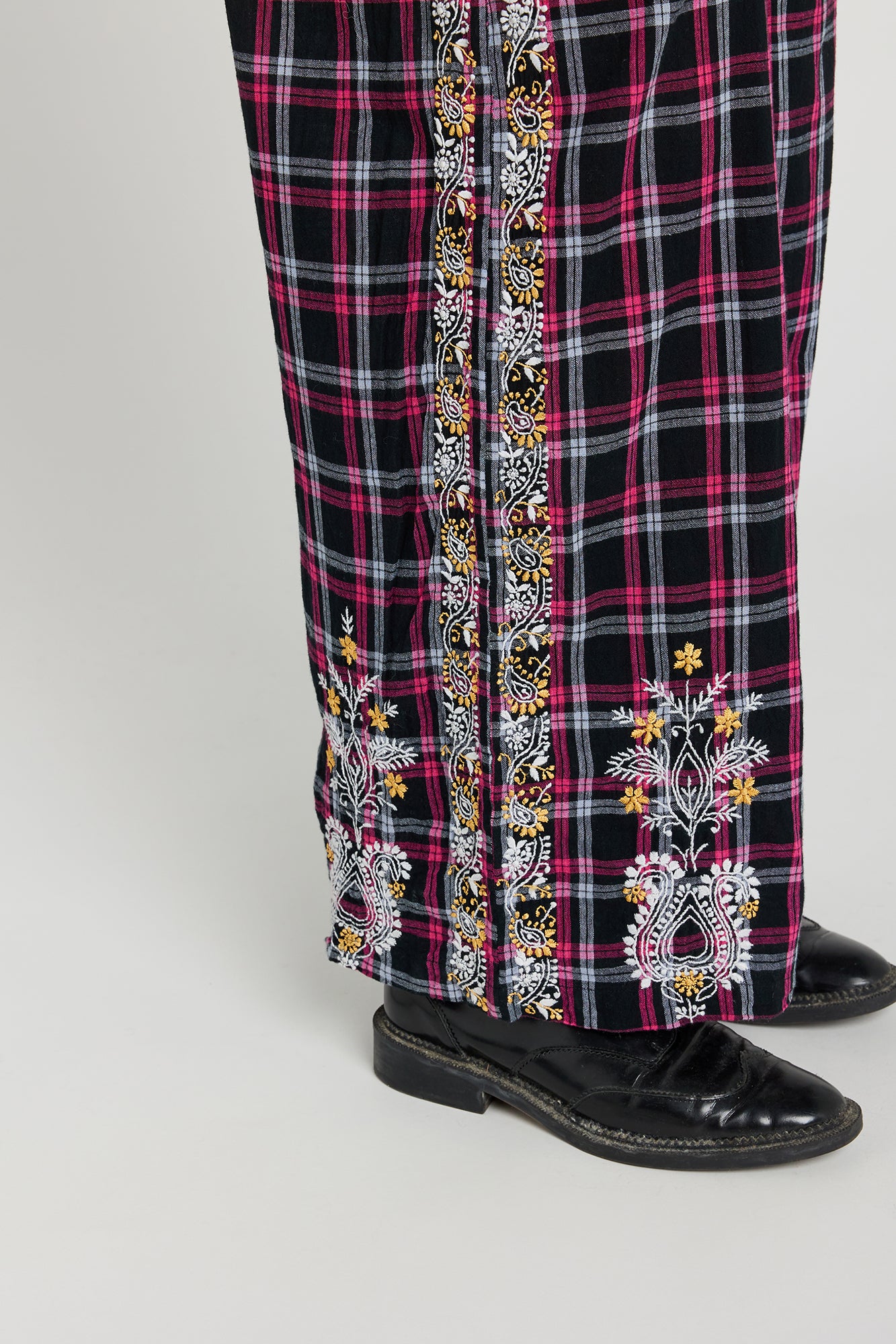 SURPRISE embroidered black and pink tartan pants