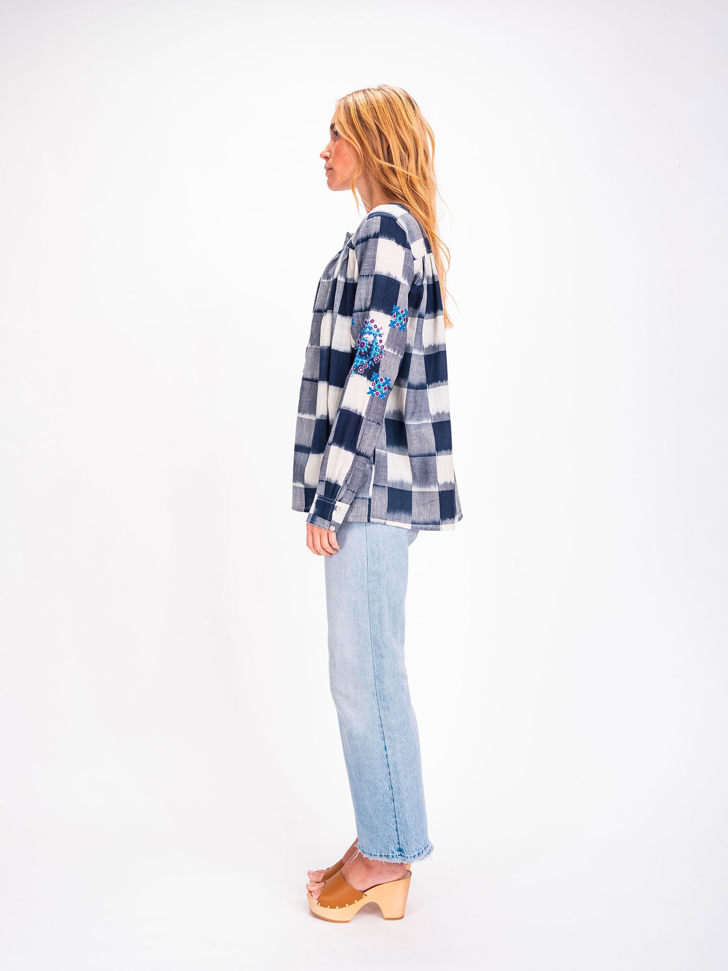 Inji Ikat Embroidered Indigo Tie and Dye Checkered Blouse 