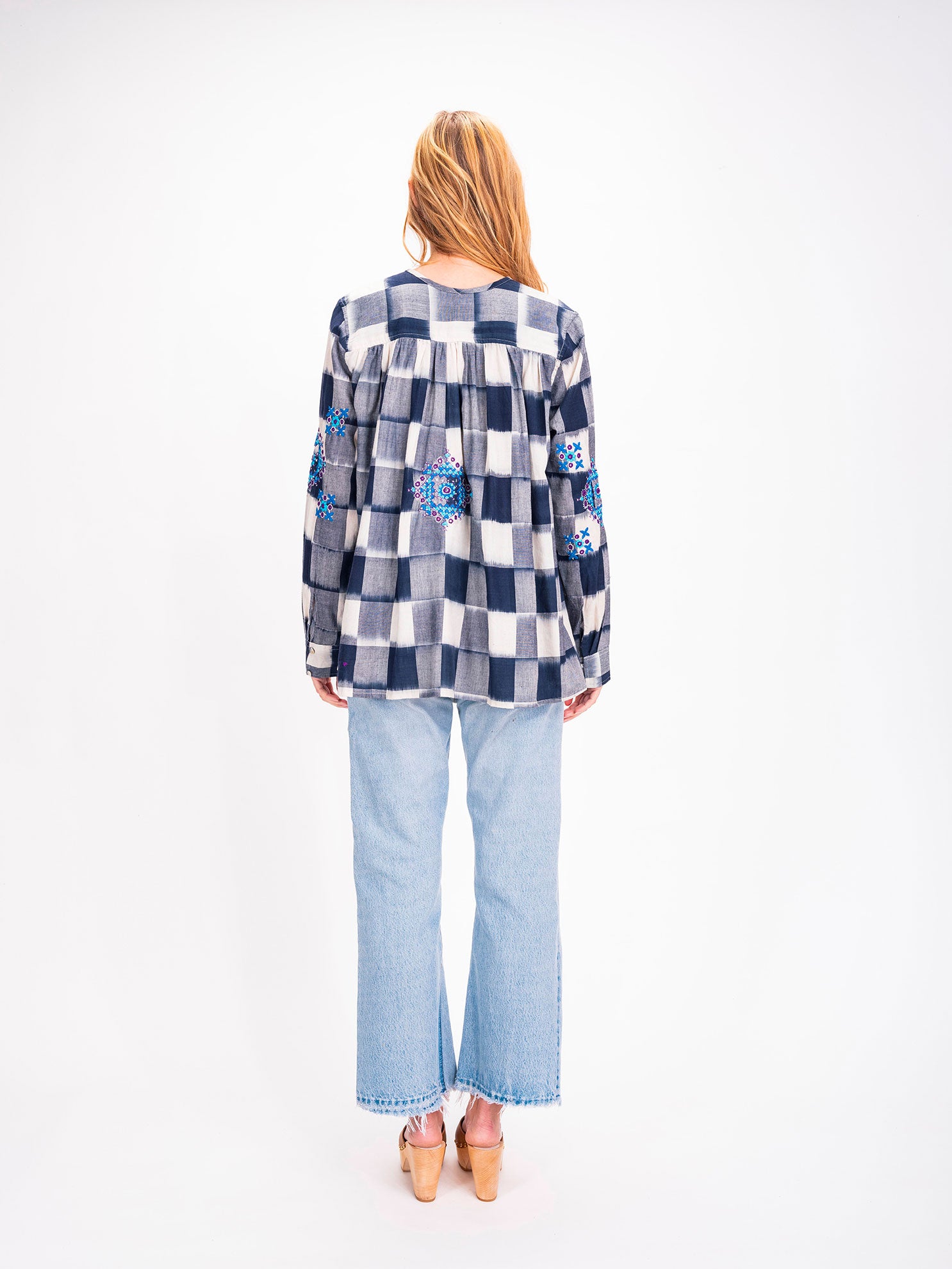 Inji Ikat Embroidered Indigo Tie and Dye Checkered Blouse 