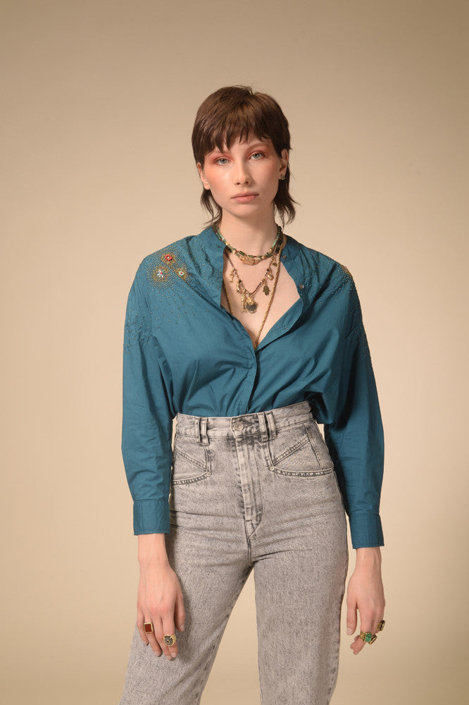 Star-studded teal blue shirt