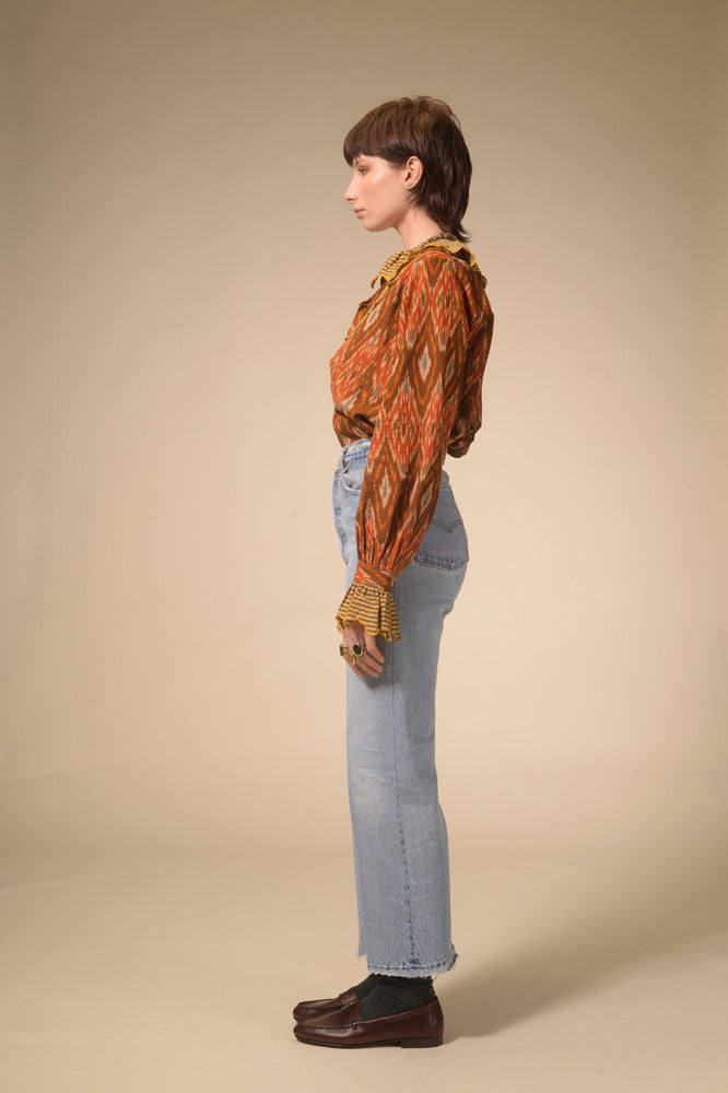 Namaste ruffled mustard print blouse