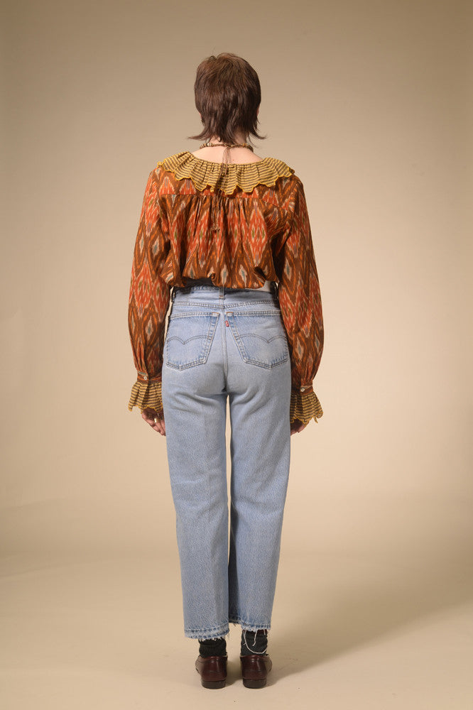 Namaste ruffled mustard print blouse