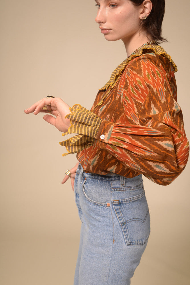 Namaste ruffled mustard print blouse