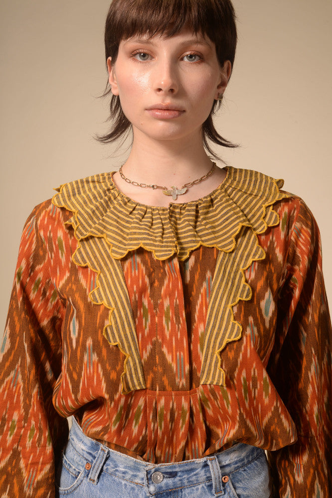 Namaste ruffled mustard print blouse