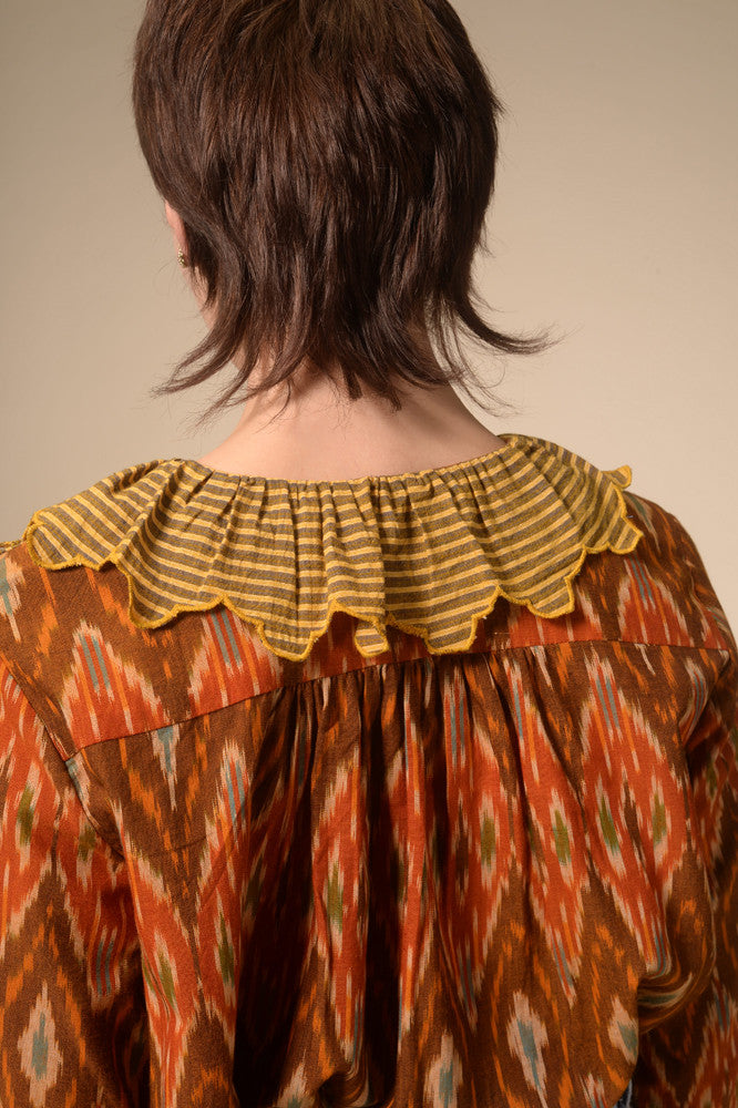 Namaste ruffled mustard print blouse