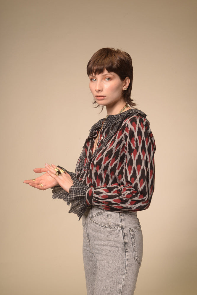 Namaste black ruffle printed blouse