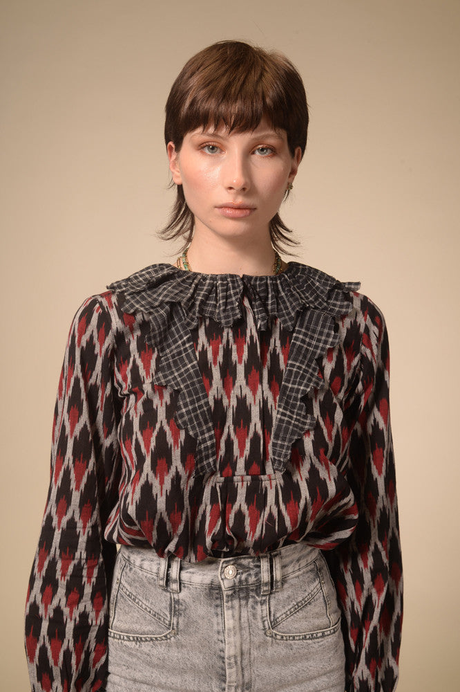Namaste black ruffle printed blouse