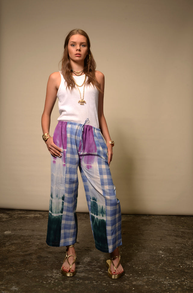 Blue Tie and Dye Check Trousers
