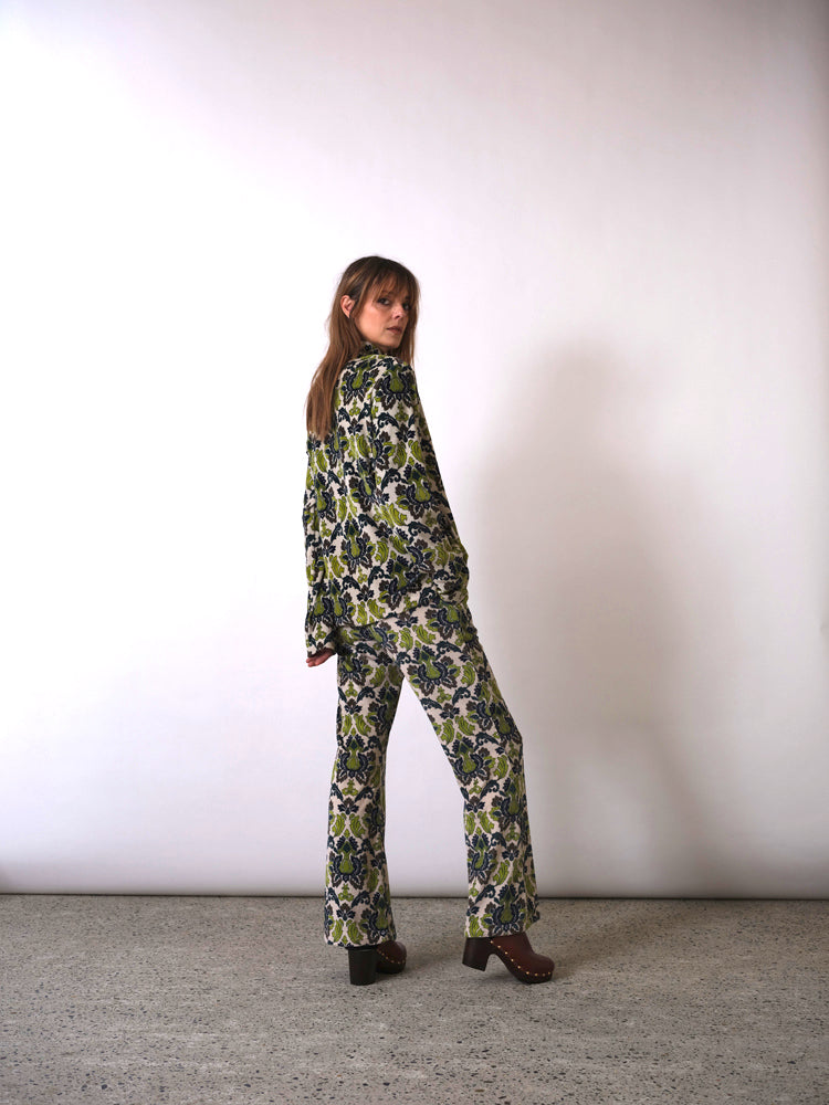 Tapestry khaki printed velvet stretch pants
