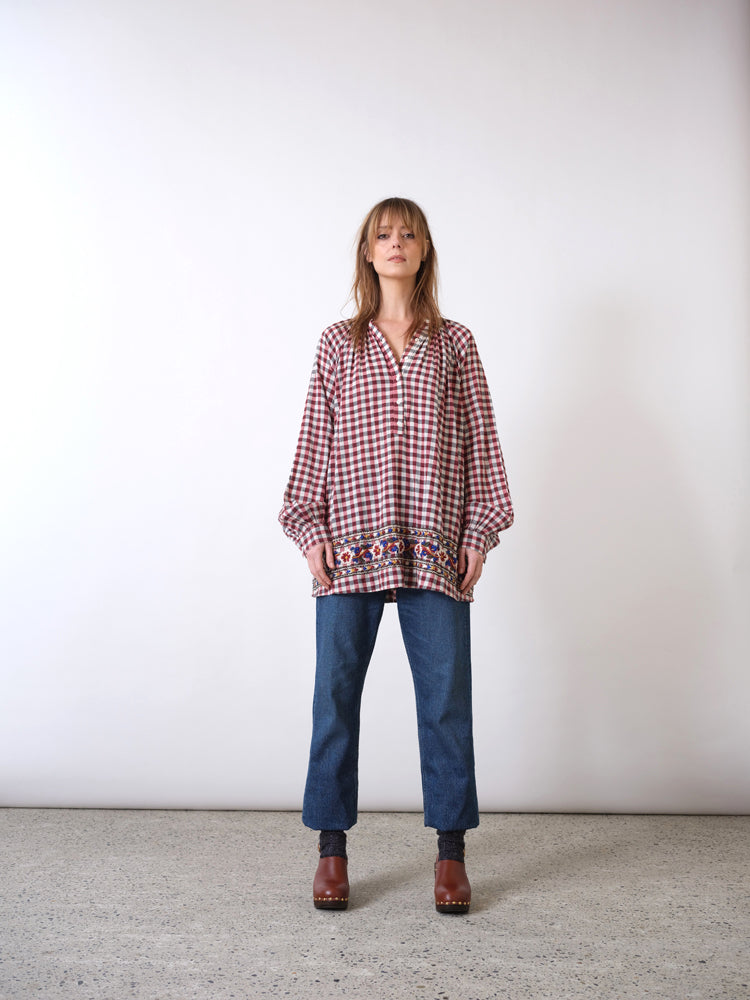 Bernadette burgundy checked embroidered shirt