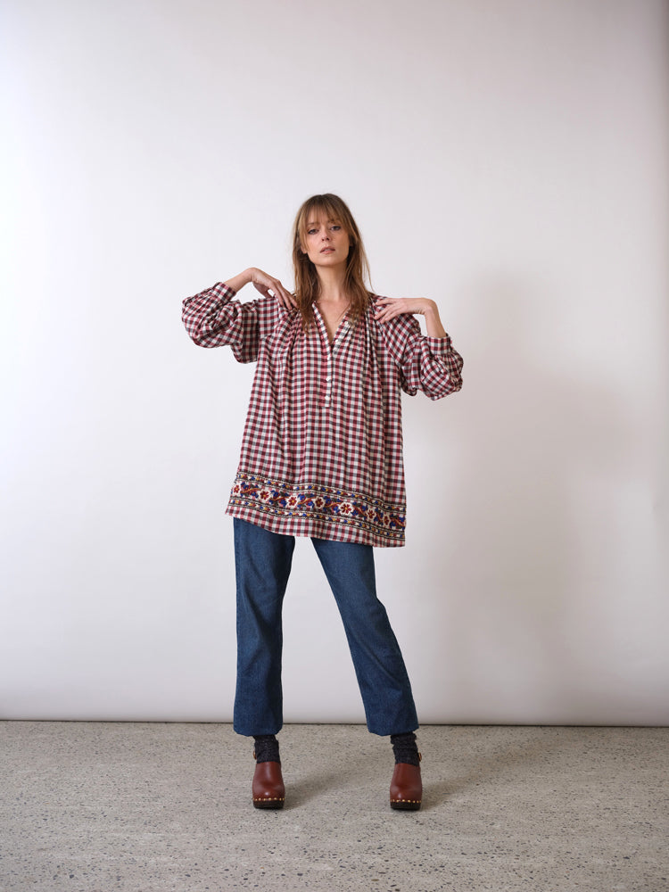 Bernadette burgundy checked embroidered shirt