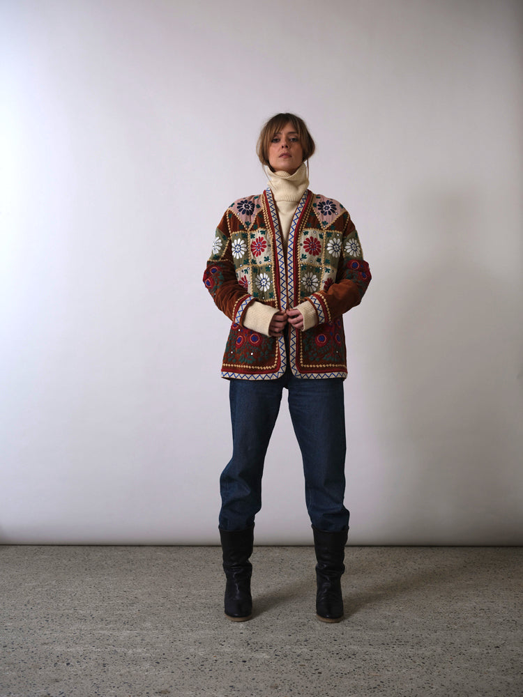 Tobacco velvet embroidered patchwork coat